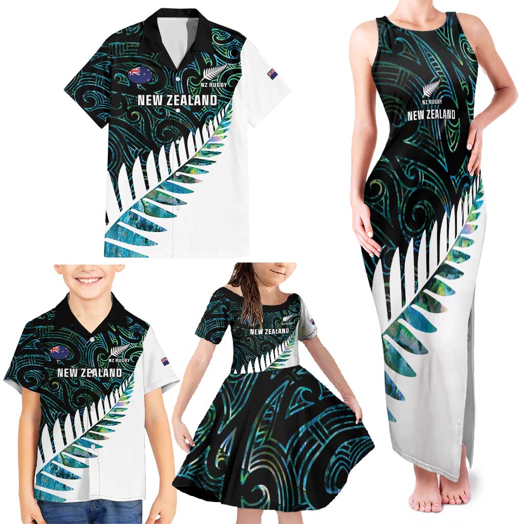 New Zealand Silver Fern Rugby Custom Family Matching Tank Maxi Dress and Hawaiian Shirt Go All Black Turquoise Maori Paua Shell - Aussie Hoodie