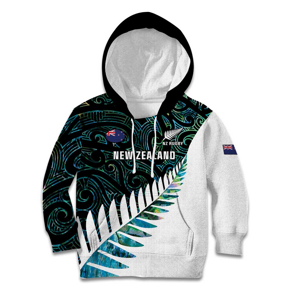 New Zealand Silver Fern Rugby Custom Kid Hoodie Go All Black Turquoise Maori Paua Shell - Aussie Hoodie