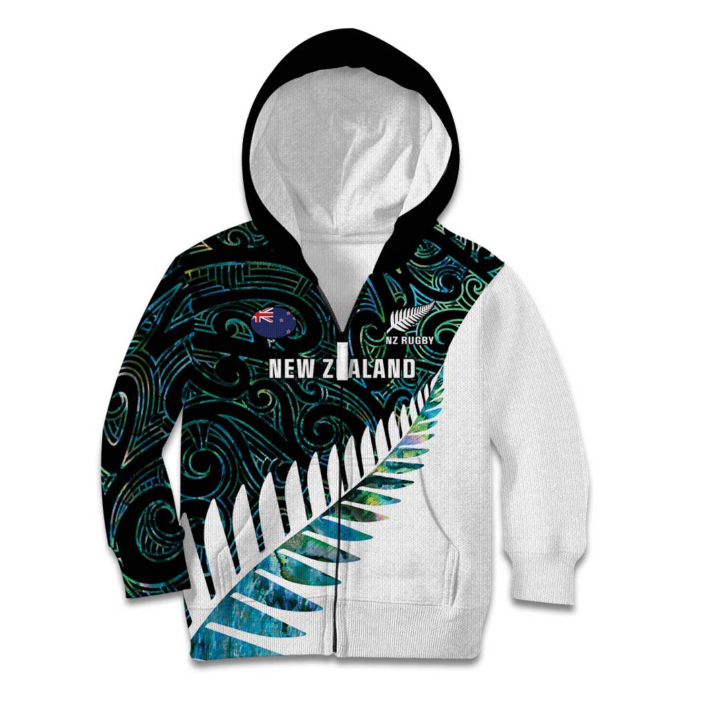 New Zealand Silver Fern Rugby Custom Kid Hoodie Go All Black Turquoise Maori Paua Shell - Aussie Hoodie