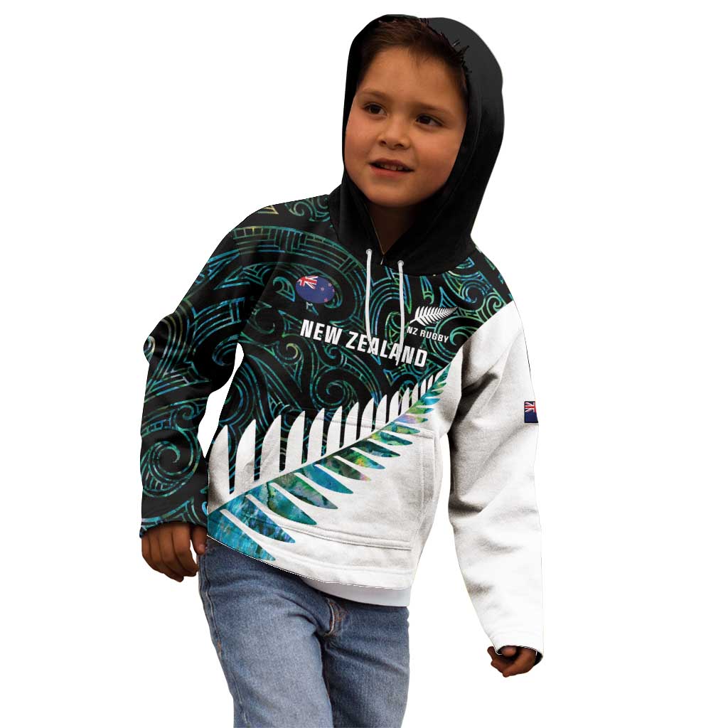 New Zealand Silver Fern Rugby Custom Kid Hoodie Go All Black Turquoise Maori Paua Shell - Aussie Hoodie