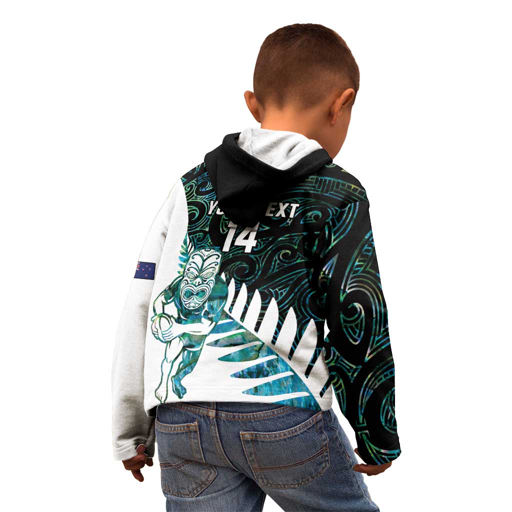 New Zealand Silver Fern Rugby Custom Kid Hoodie Go All Black Turquoise Maori Paua Shell - Aussie Hoodie