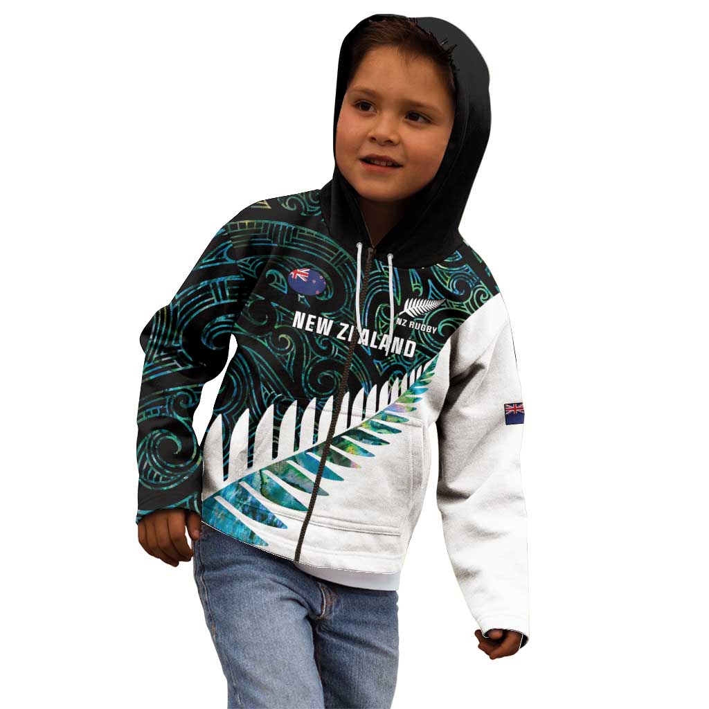 New Zealand Silver Fern Rugby Custom Kid Hoodie Go All Black Turquoise Maori Paua Shell - Aussie Hoodie