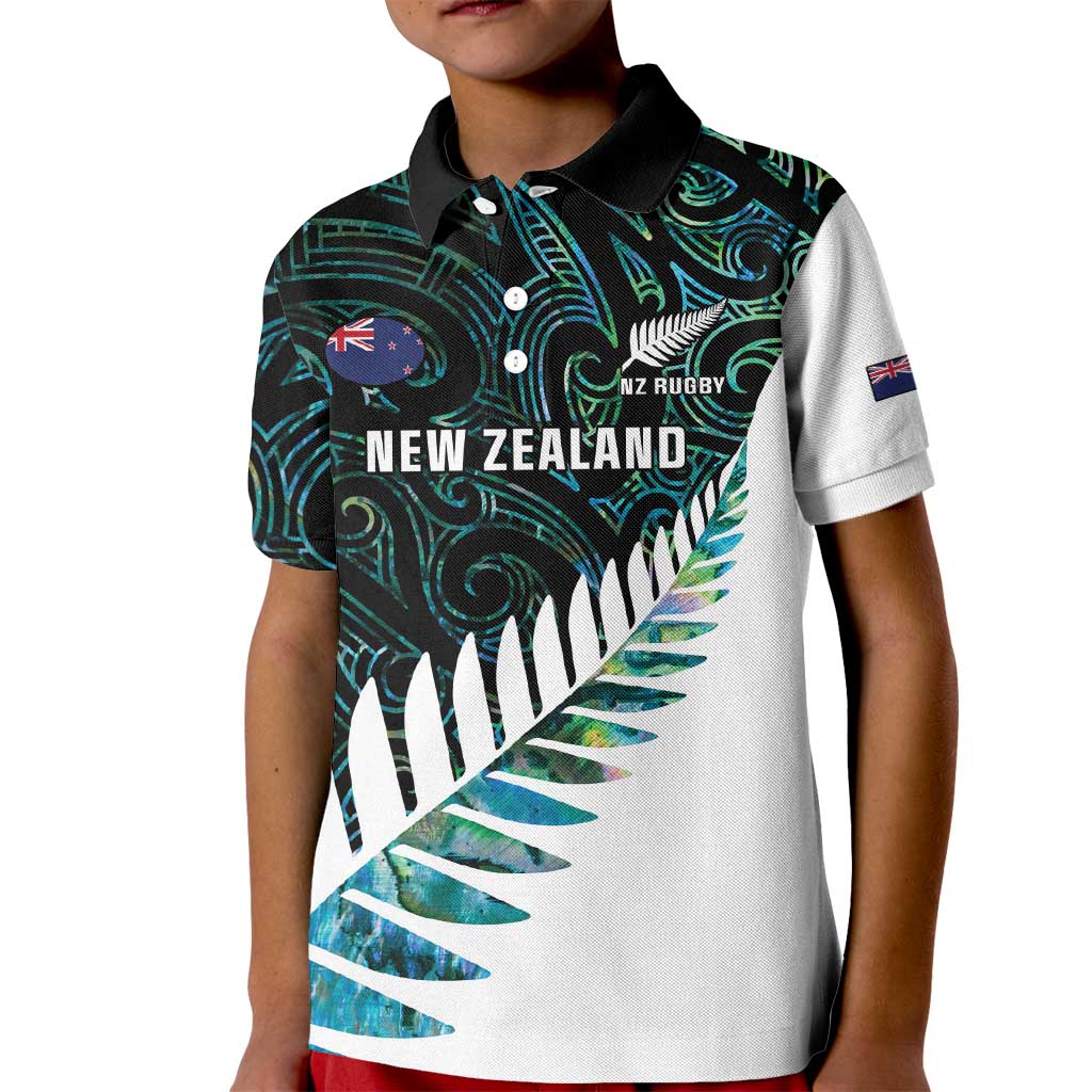 New Zealand Silver Fern Rugby Custom Kid Polo Shirt Go All Black Turquoise Maori Paua Shell - Aussie Hoodie