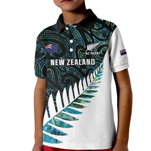 New Zealand Silver Fern Rugby Custom Kid Polo Shirt Go All Black Turquoise Maori Paua Shell - Aussie Hoodie