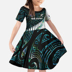 New Zealand Silver Fern Rugby Custom Kid Short Sleeve Dress Go All Black Turquoise Maori Paua Shell - Aussie Hoodie
