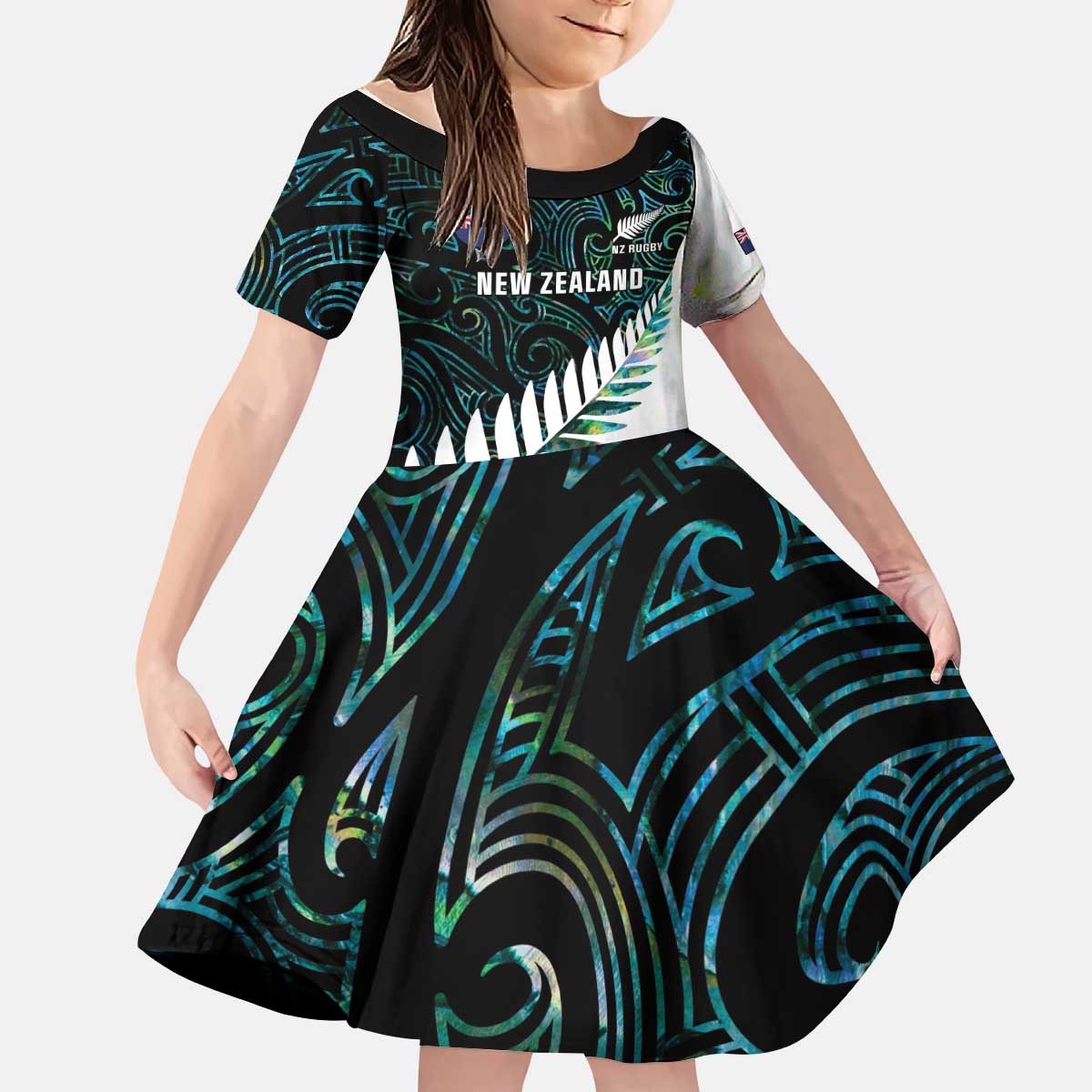 New Zealand Silver Fern Rugby Custom Kid Short Sleeve Dress Go All Black Turquoise Maori Paua Shell - Aussie Hoodie
