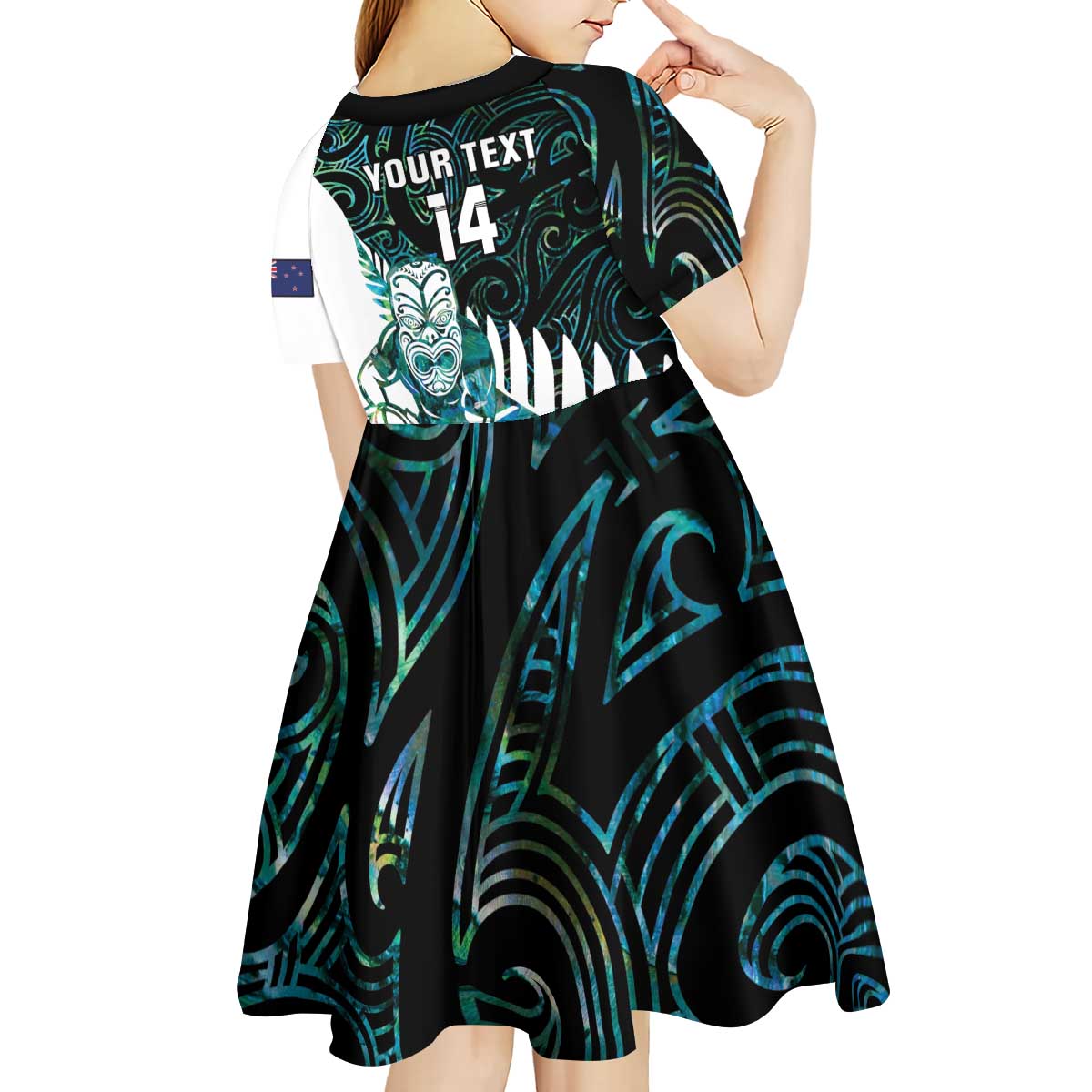 New Zealand Silver Fern Rugby Custom Kid Short Sleeve Dress Go All Black Turquoise Maori Paua Shell - Aussie Hoodie