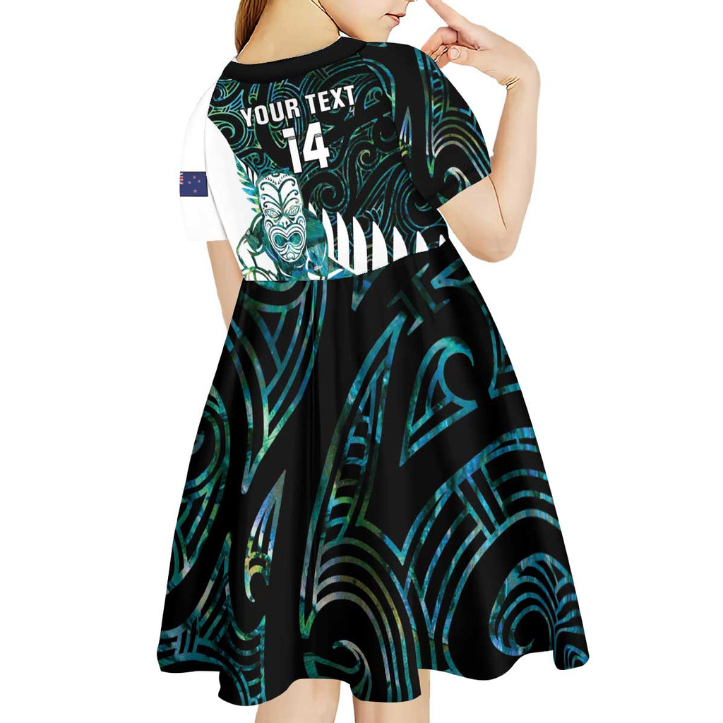 New Zealand Silver Fern Rugby Custom Kid Short Sleeve Dress Go All Black Turquoise Maori Paua Shell - Aussie Hoodie