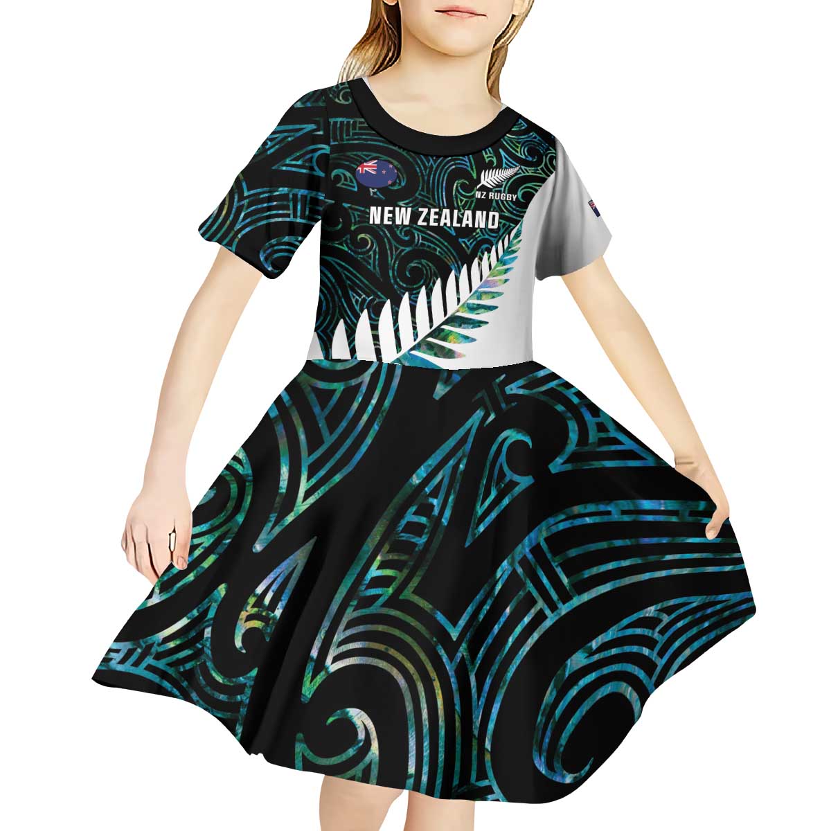 New Zealand Silver Fern Rugby Custom Kid Short Sleeve Dress Go All Black Turquoise Maori Paua Shell - Aussie Hoodie