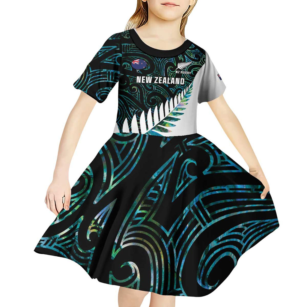 New Zealand Silver Fern Rugby Custom Kid Short Sleeve Dress Go All Black Turquoise Maori Paua Shell - Aussie Hoodie