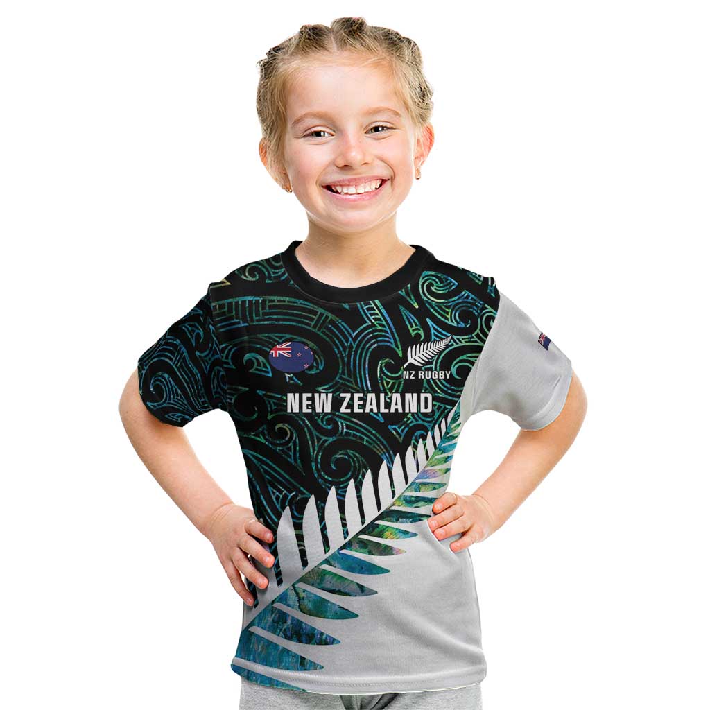 New Zealand Silver Fern Rugby Custom Kid T Shirt Go All Black Turquoise Maori Paua Shell - Aussie Hoodie