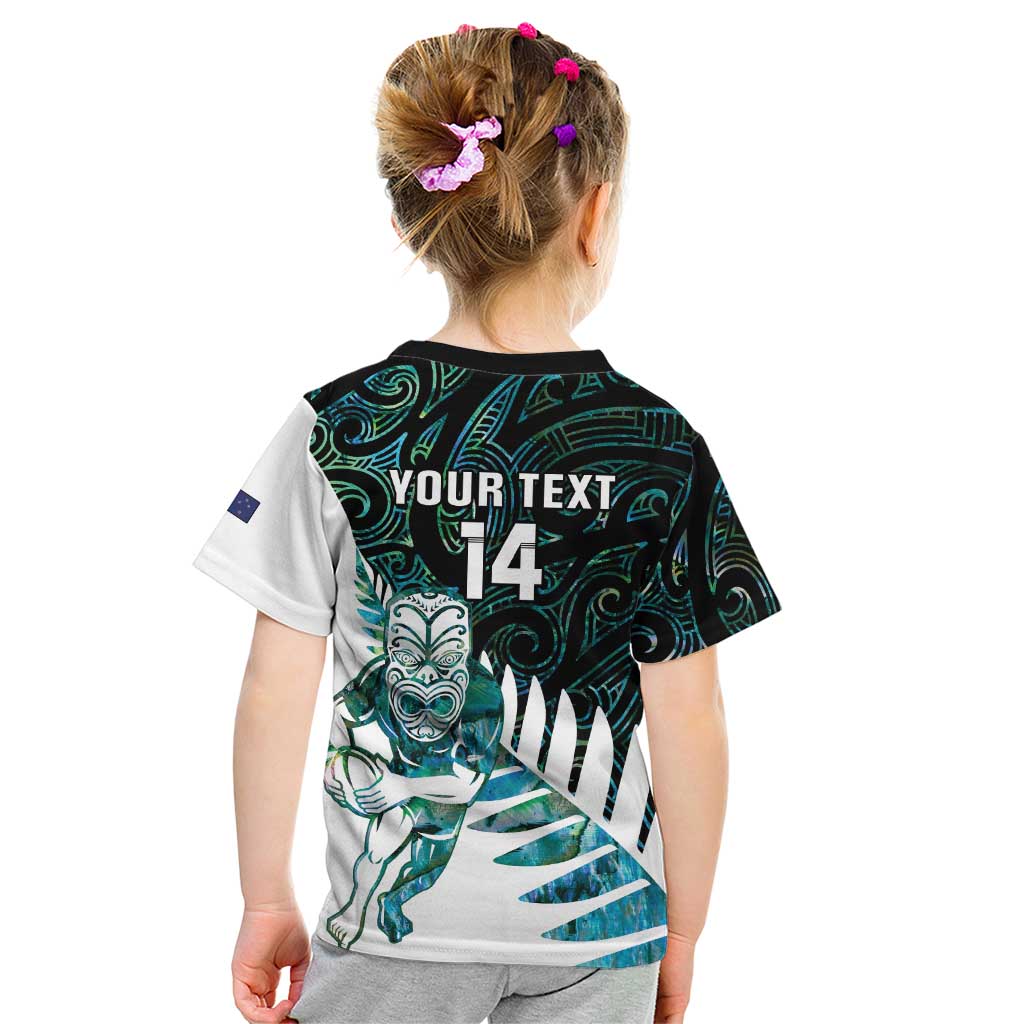 New Zealand Silver Fern Rugby Custom Kid T Shirt Go All Black Turquoise Maori Paua Shell - Aussie Hoodie
