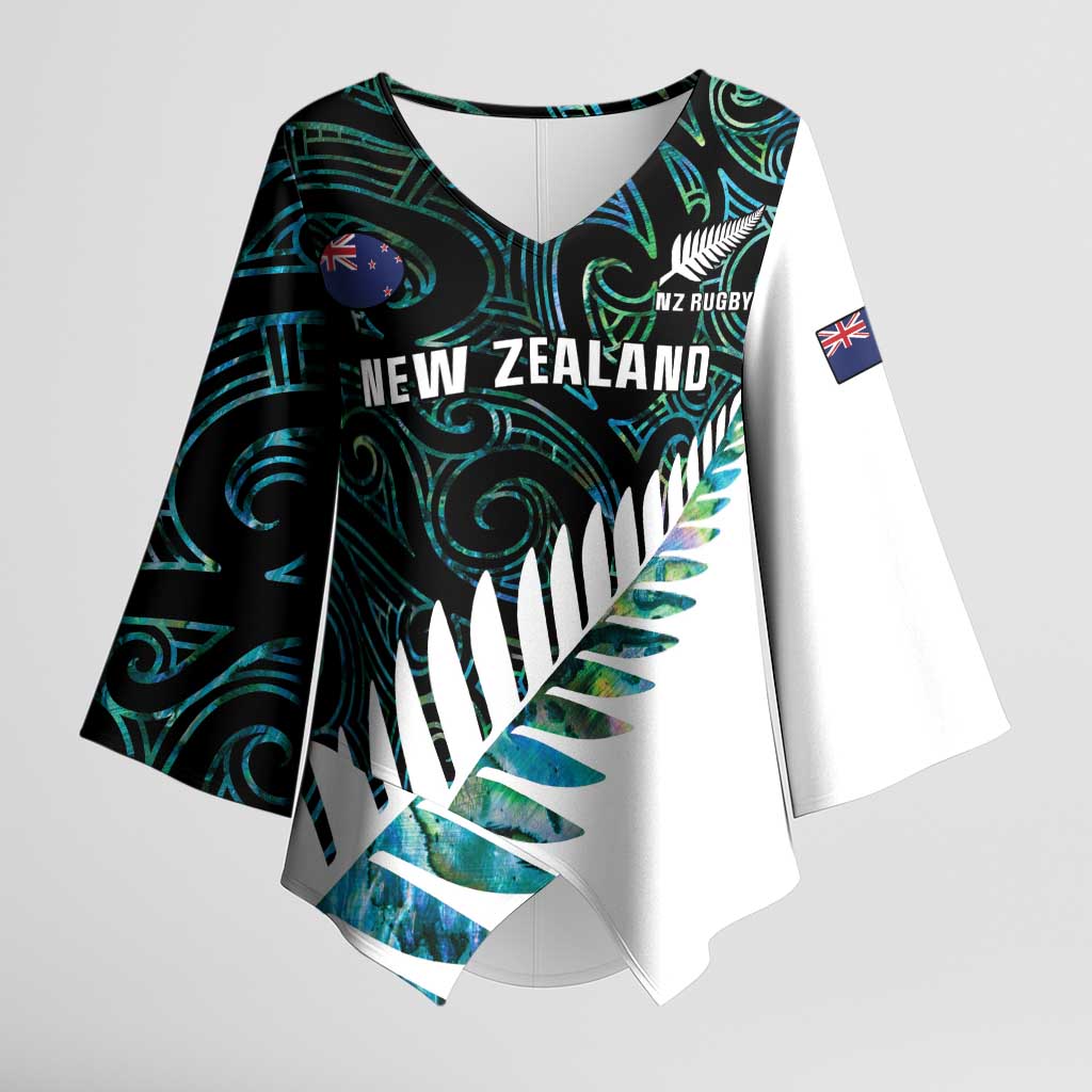 New Zealand Silver Fern Rugby Custom Kimono Sleeve Blouse Go All Black Turquoise Maori Paua Shell - Aussie Hoodie