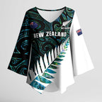 New Zealand Silver Fern Rugby Custom Kimono Sleeve Blouse Go All Black Turquoise Maori Paua Shell - Aussie Hoodie