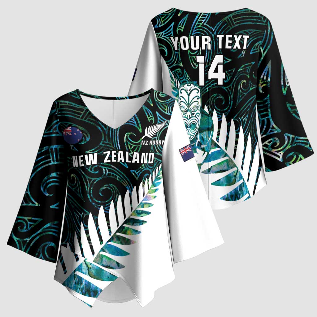 New Zealand Silver Fern Rugby Custom Kimono Sleeve Blouse Go All Black Turquoise Maori Paua Shell - Aussie Hoodie
