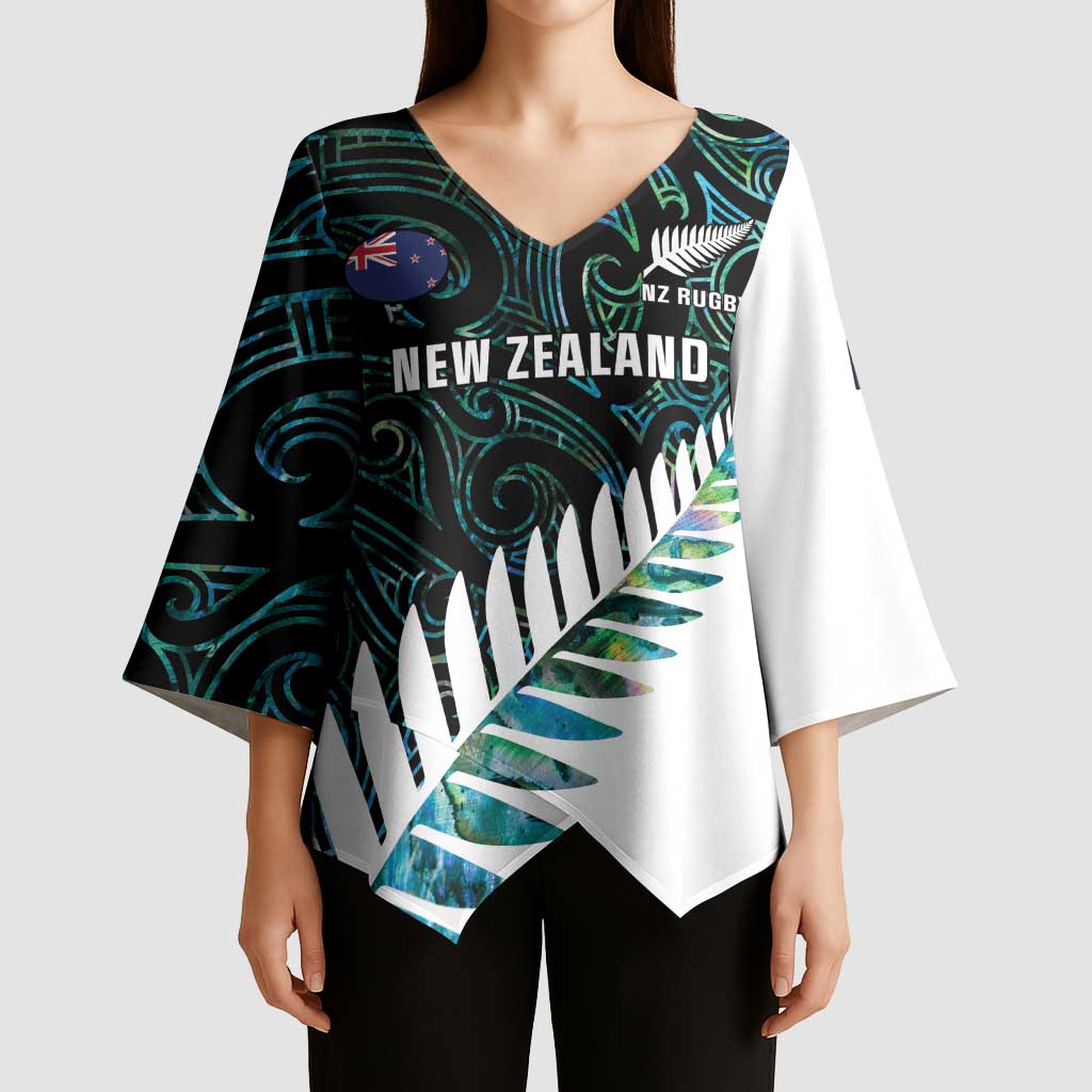 New Zealand Silver Fern Rugby Custom Kimono Sleeve Blouse Go All Black Turquoise Maori Paua Shell - Aussie Hoodie