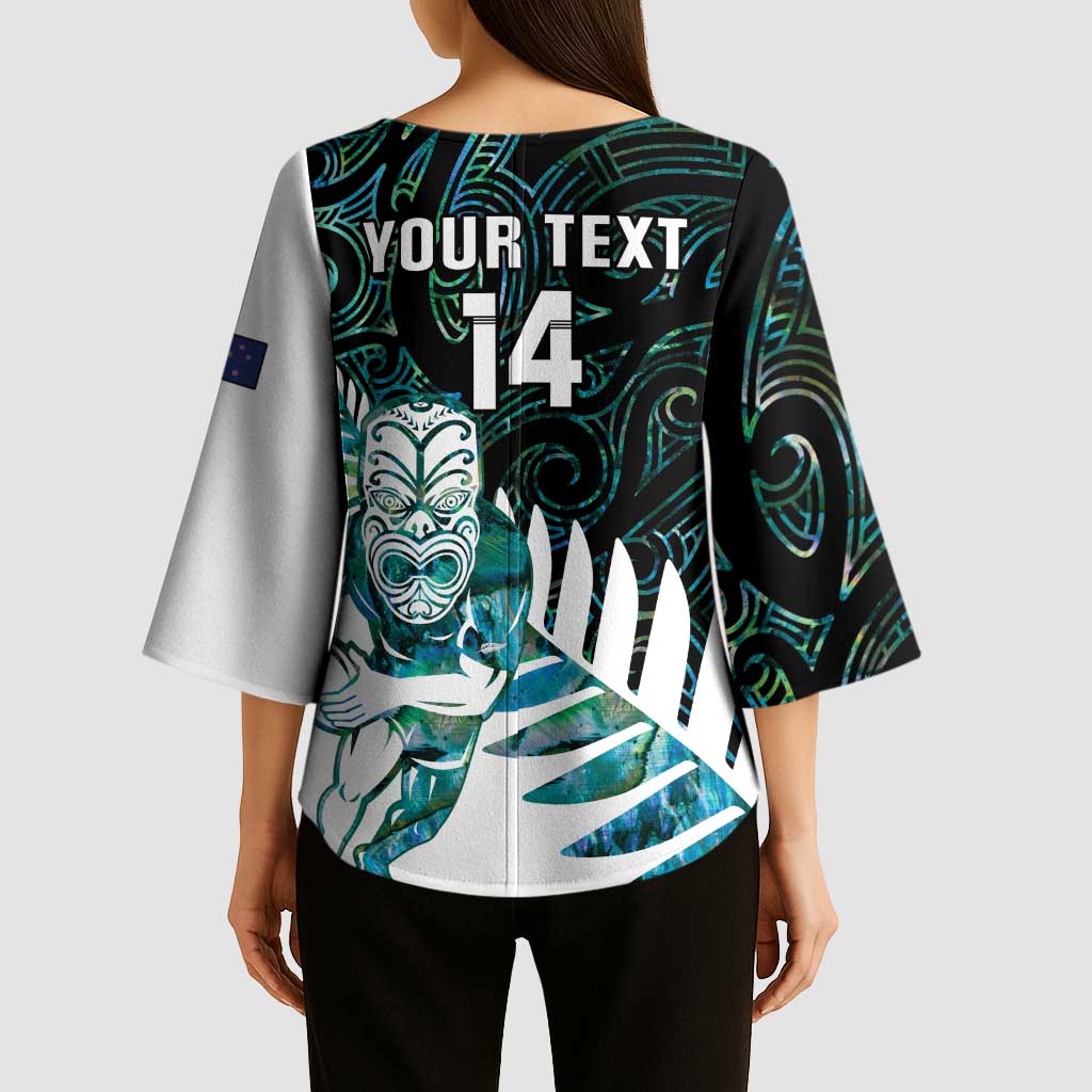 New Zealand Silver Fern Rugby Custom Kimono Sleeve Blouse Go All Black Turquoise Maori Paua Shell - Aussie Hoodie