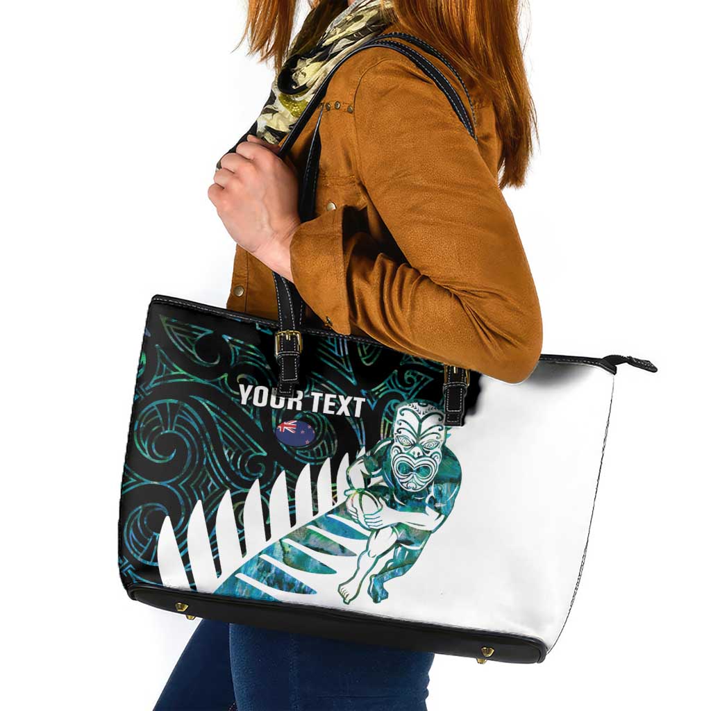 New Zealand Silver Fern Rugby Custom Leather Tote Bag Go All Black Turquoise Maori Paua Shell - Aussie Hoodie