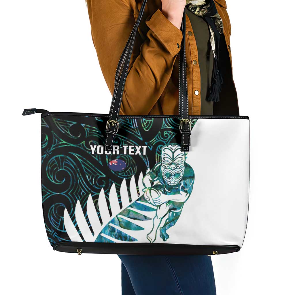 New Zealand Silver Fern Rugby Custom Leather Tote Bag Go All Black Turquoise Maori Paua Shell - Aussie Hoodie