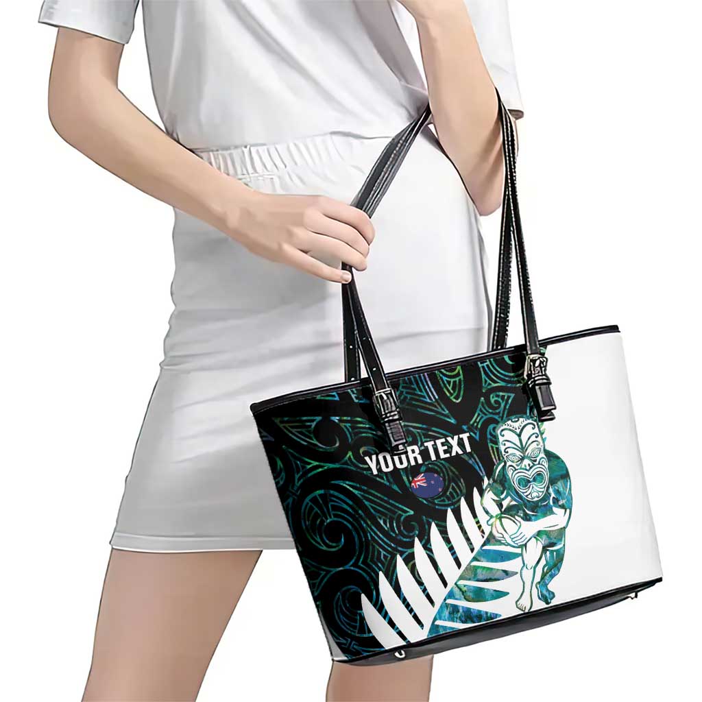 New Zealand Silver Fern Rugby Custom Leather Tote Bag Go All Black Turquoise Maori Paua Shell - Aussie Hoodie