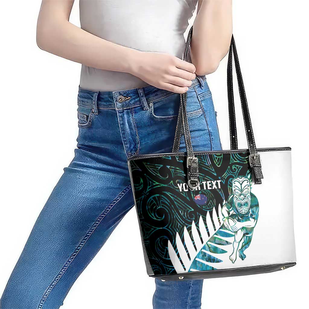 New Zealand Silver Fern Rugby Custom Leather Tote Bag Go All Black Turquoise Maori Paua Shell - Aussie Hoodie