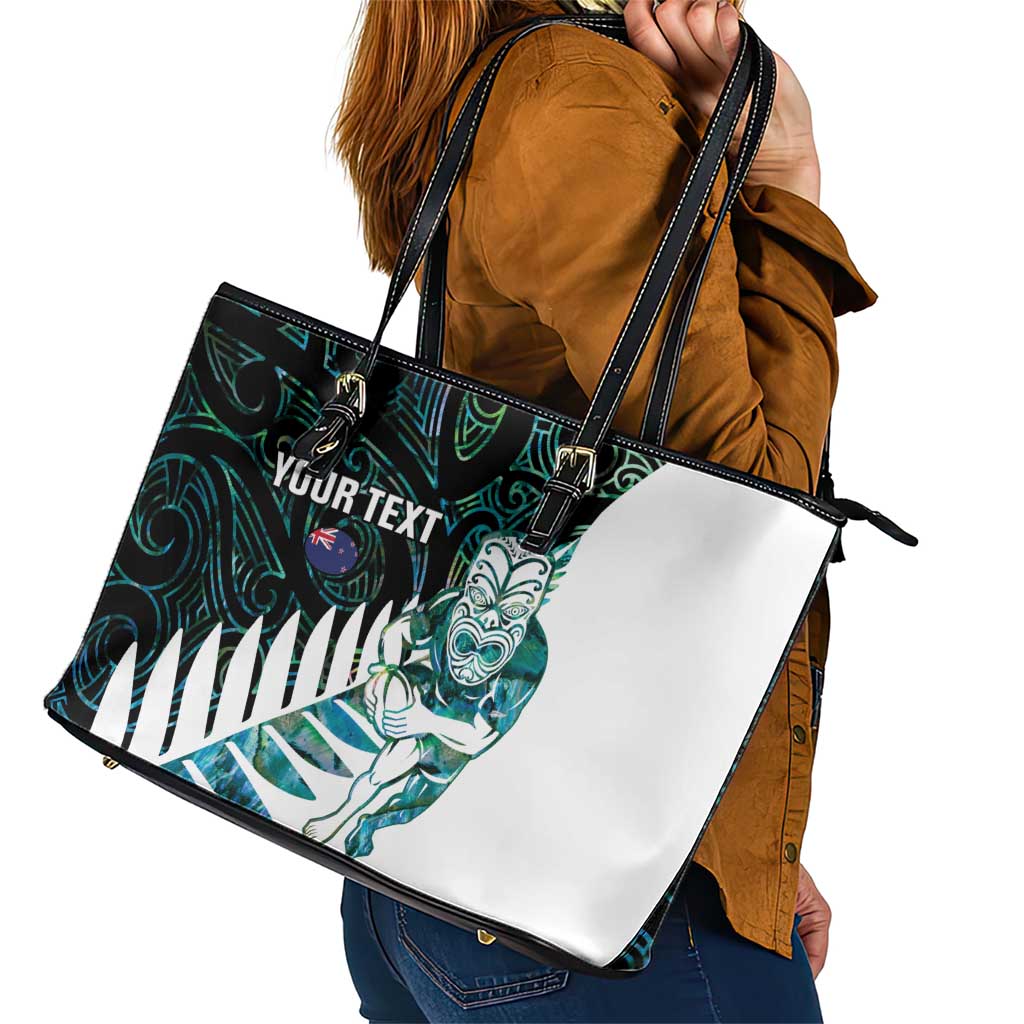 New Zealand Silver Fern Rugby Custom Leather Tote Bag Go All Black Turquoise Maori Paua Shell - Aussie Hoodie