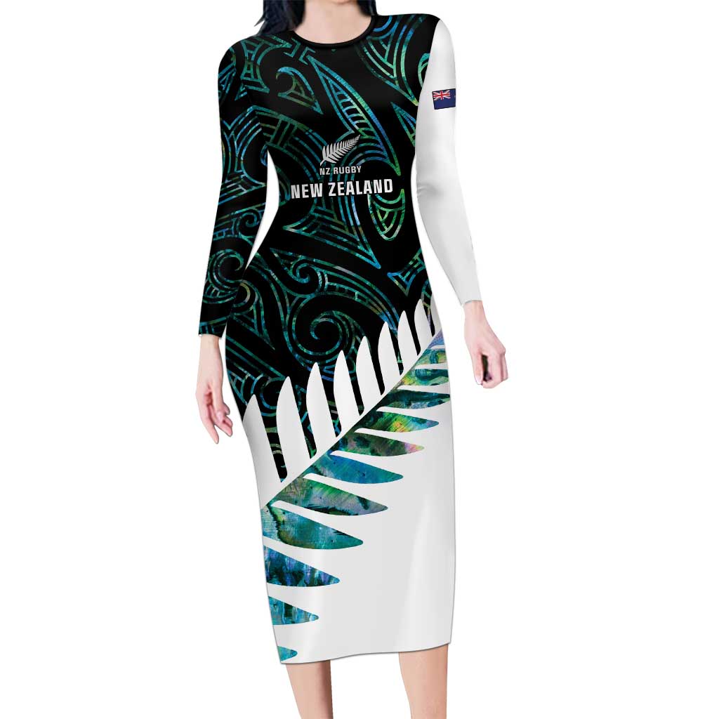 New Zealand Silver Fern Rugby Custom Long Sleeve Bodycon Dress Go All Black Turquoise Maori Paua Shell - Aussie Hoodie