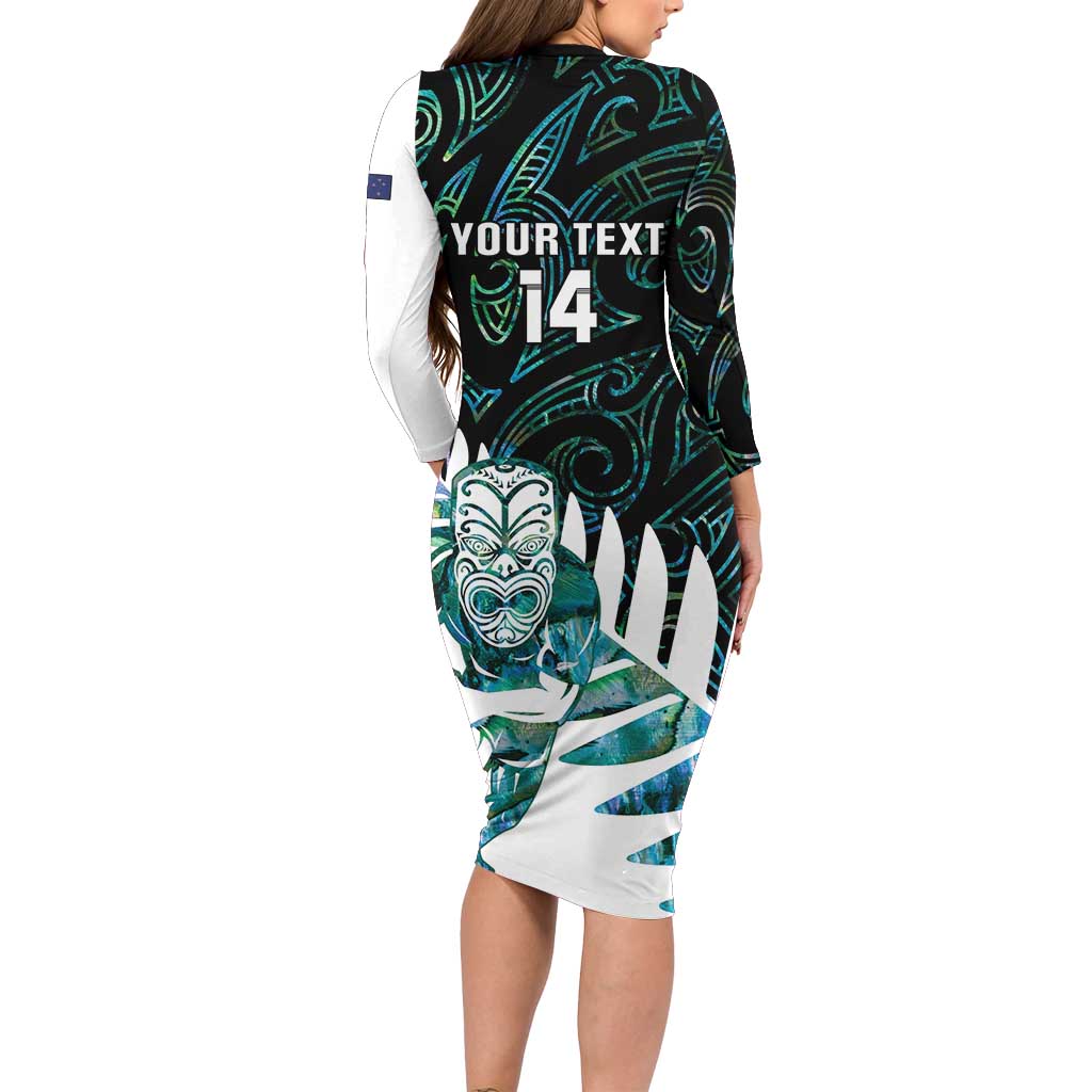 New Zealand Silver Fern Rugby Custom Long Sleeve Bodycon Dress Go All Black Turquoise Maori Paua Shell - Aussie Hoodie