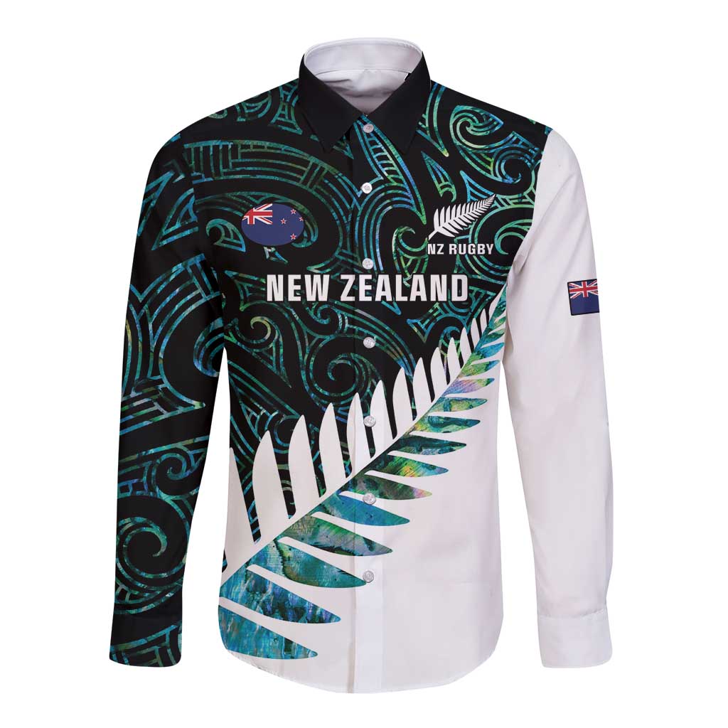 New Zealand Silver Fern Rugby Custom Long Sleeve Button Shirt Go All Black Turquoise Maori Paua Shell - Aussie Hoodie