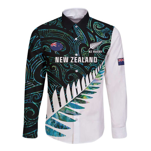 New Zealand Silver Fern Rugby Custom Long Sleeve Button Shirt Go All Black Turquoise Maori Paua Shell - Aussie Hoodie