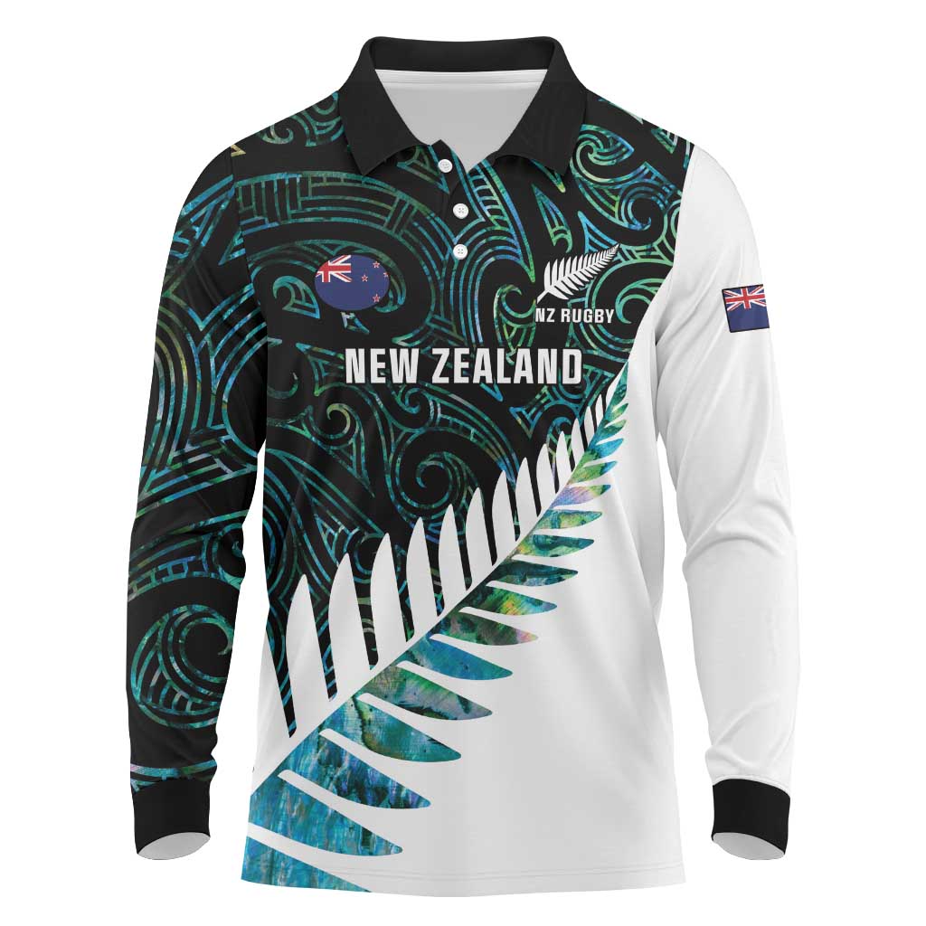 New Zealand Silver Fern Rugby Custom Long Sleeve Polo Shirt Go All Black Turquoise Maori Paua Shell - Aussie Hoodie