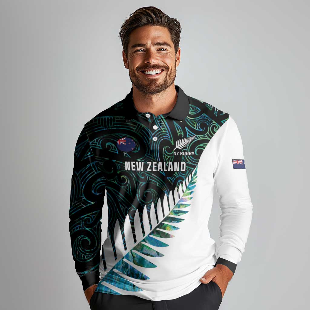 New Zealand Silver Fern Rugby Custom Long Sleeve Polo Shirt Go All Black Turquoise Maori Paua Shell - Aussie Hoodie