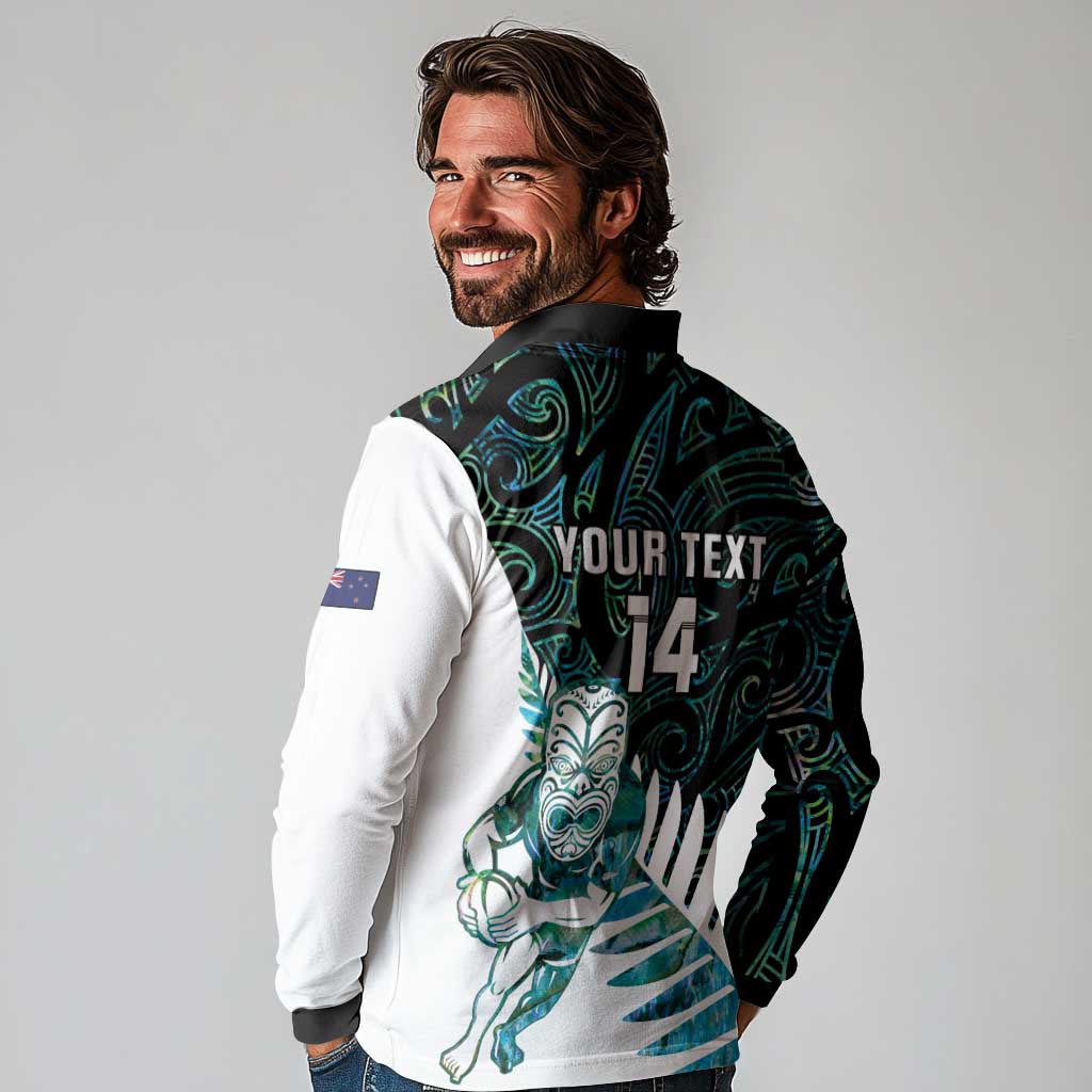 New Zealand Silver Fern Rugby Custom Long Sleeve Polo Shirt Go All Black Turquoise Maori Paua Shell - Aussie Hoodie