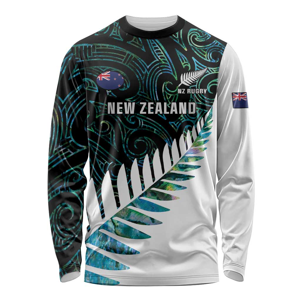 New Zealand Silver Fern Rugby Custom Long Sleeve Shirt Go All Black Turquoise Maori Paua Shell - Aussie Hoodie