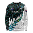 New Zealand Silver Fern Rugby Custom Long Sleeve Shirt Go All Black Turquoise Maori Paua Shell - Aussie Hoodie