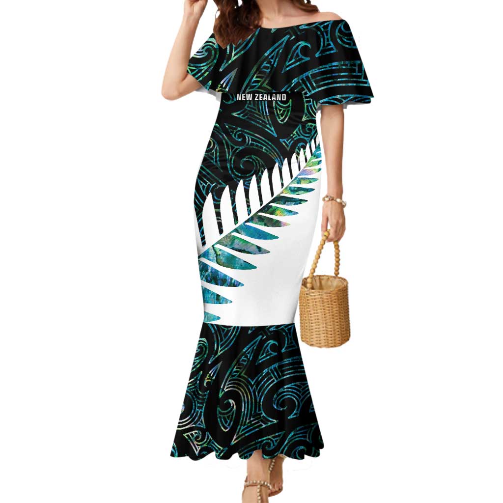New Zealand Silver Fern Rugby Custom Mermaid Dress Go All Black Turquoise Maori Paua Shell - Aussie Hoodie