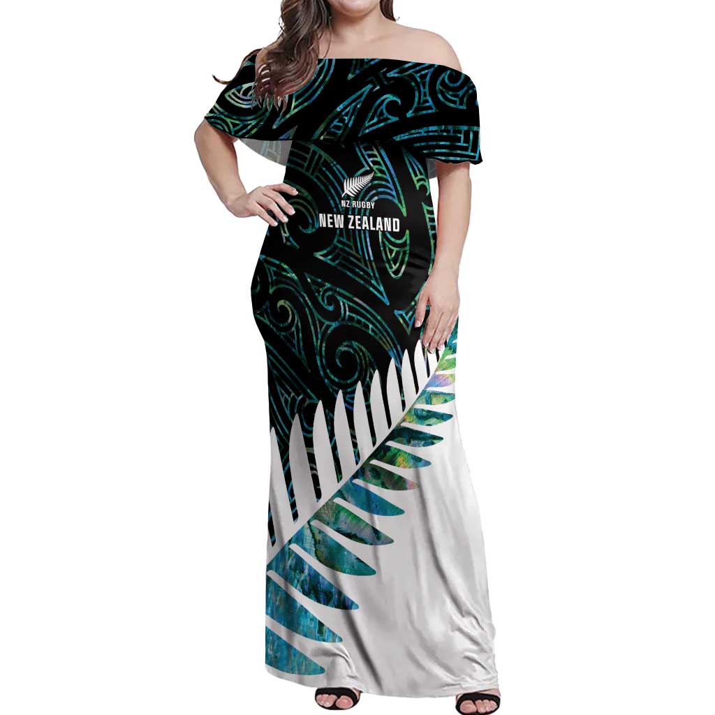 New Zealand Silver Fern Rugby Custom Off Shoulder Maxi Dress Go All Black Turquoise Maori Paua Shell - Aussie Hoodie