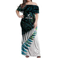 New Zealand Silver Fern Rugby Custom Off Shoulder Maxi Dress Go All Black Turquoise Maori Paua Shell - Aussie Hoodie