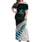 New Zealand Silver Fern Rugby Custom Off Shoulder Maxi Dress Go All Black Turquoise Maori Paua Shell - Aussie Hoodie