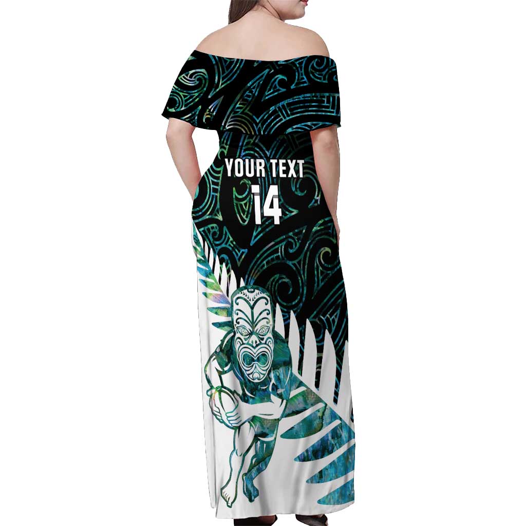 New Zealand Silver Fern Rugby Custom Off Shoulder Maxi Dress Go All Black Turquoise Maori Paua Shell - Aussie Hoodie