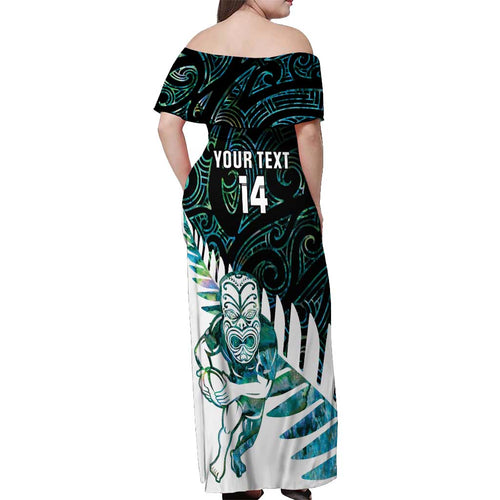 New Zealand Silver Fern Rugby Custom Off Shoulder Maxi Dress Go All Black Turquoise Maori Paua Shell - Aussie Hoodie