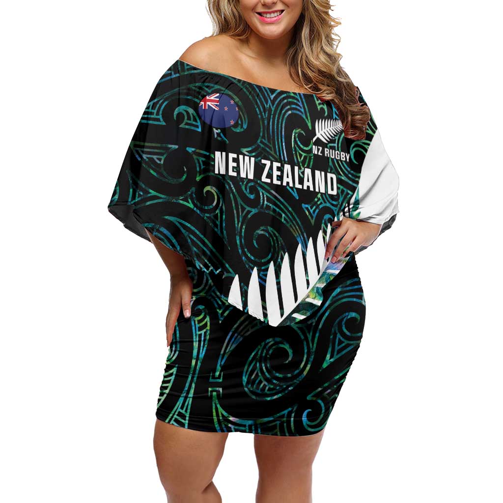 New Zealand Silver Fern Rugby Custom Off Shoulder Short Dress Go All Black Turquoise Maori Paua Shell - Aussie Hoodie