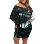 New Zealand Silver Fern Rugby Custom Off Shoulder Short Dress Go All Black Turquoise Maori Paua Shell - Aussie Hoodie