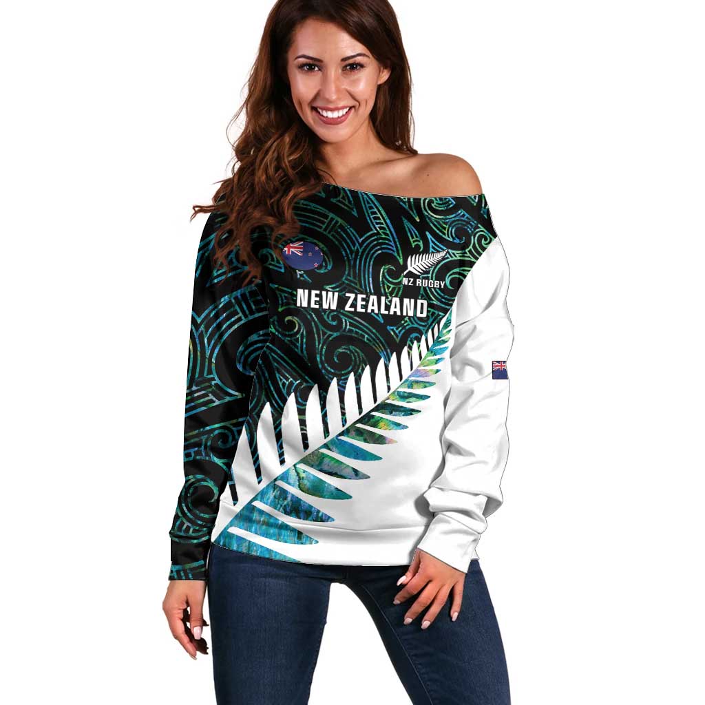 New Zealand Silver Fern Rugby Custom Off Shoulder Sweater Go All Black Turquoise Maori Paua Shell - Aussie Hoodie