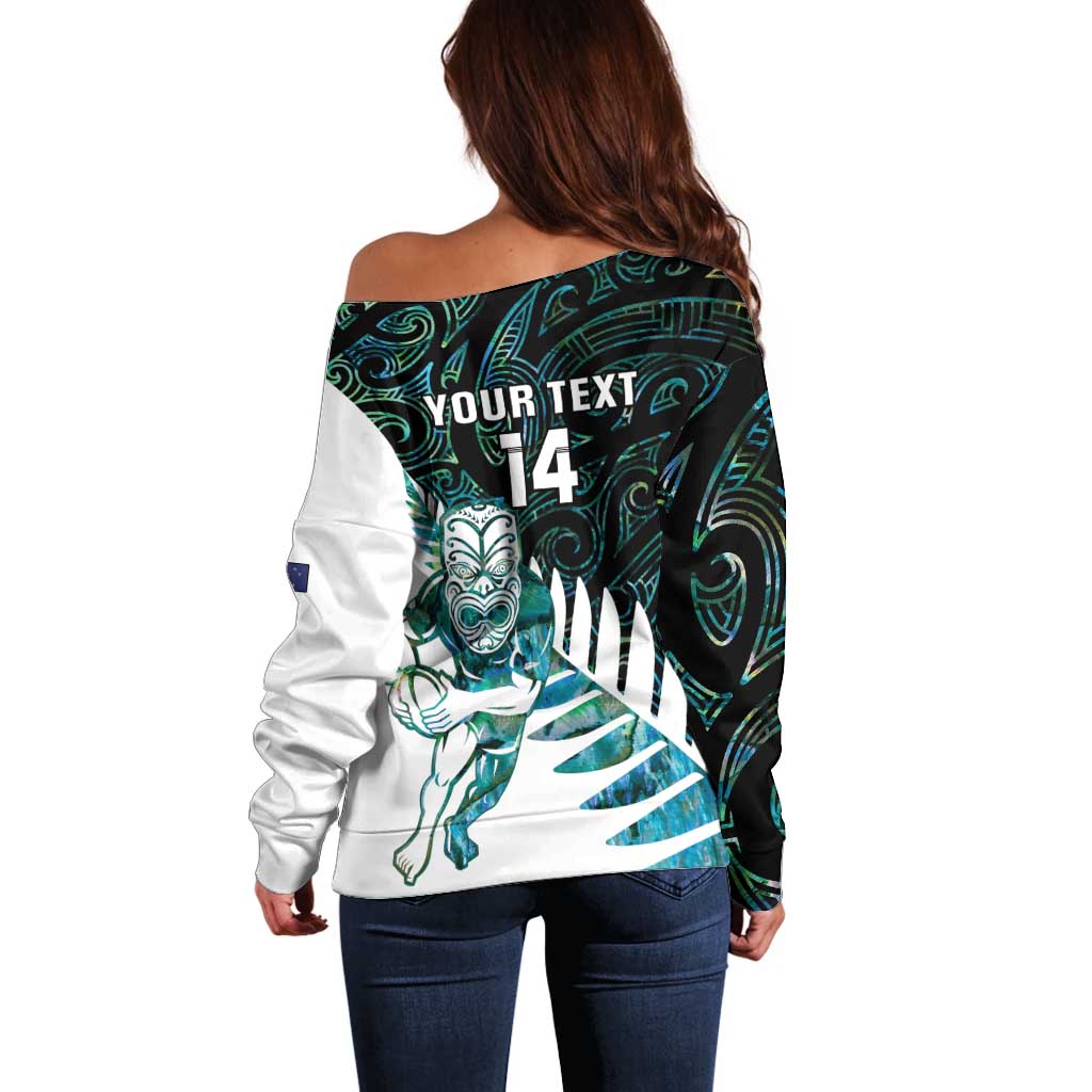 New Zealand Silver Fern Rugby Custom Off Shoulder Sweater Go All Black Turquoise Maori Paua Shell - Aussie Hoodie