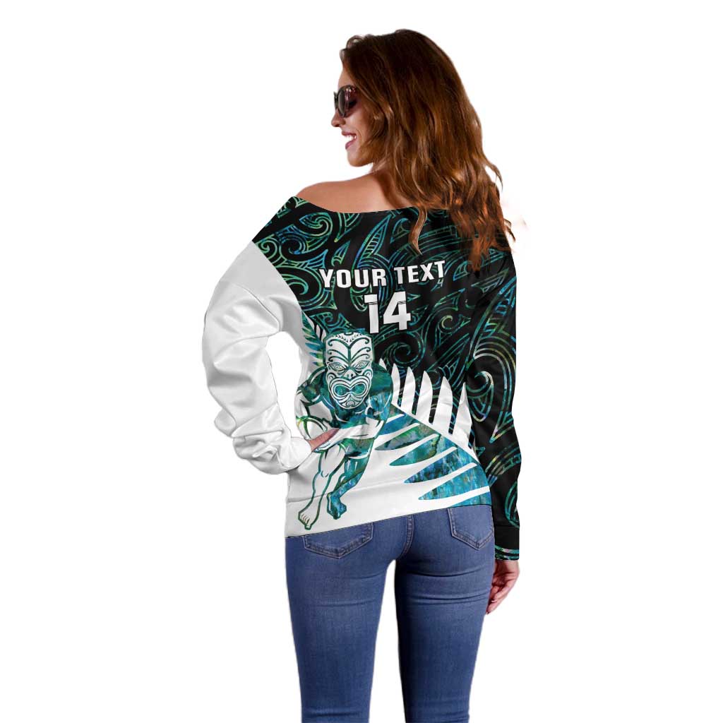 New Zealand Silver Fern Rugby Custom Off Shoulder Sweater Go All Black Turquoise Maori Paua Shell - Aussie Hoodie