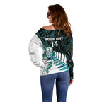 New Zealand Silver Fern Rugby Custom Off Shoulder Sweater Go All Black Turquoise Maori Paua Shell - Aussie Hoodie