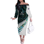 New Zealand Silver Fern Rugby Custom Off The Shoulder Long Sleeve Dress Go All Black Turquoise Maori Paua Shell - Aussie Hoodie