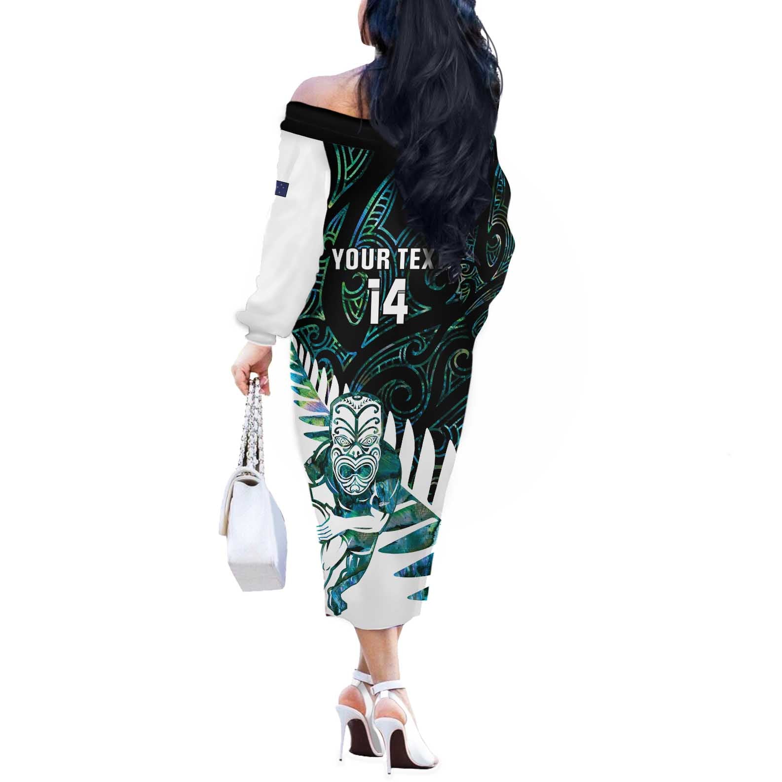New Zealand Silver Fern Rugby Custom Off The Shoulder Long Sleeve Dress Go All Black Turquoise Maori Paua Shell - Aussie Hoodie