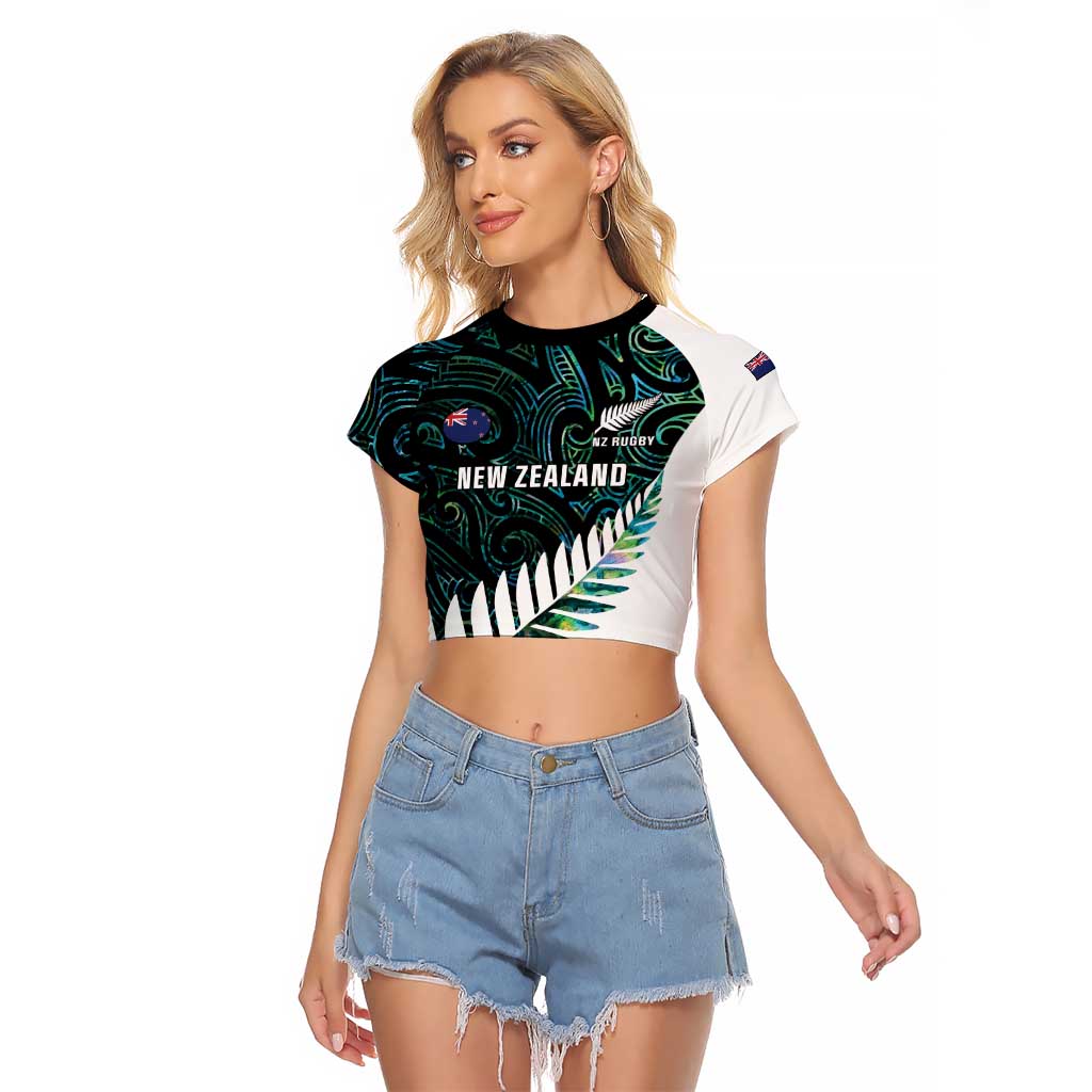 New Zealand Silver Fern Rugby Custom Raglan Cropped T Shirt Go All Black Turquoise Maori Paua Shell - Aussie Hoodie